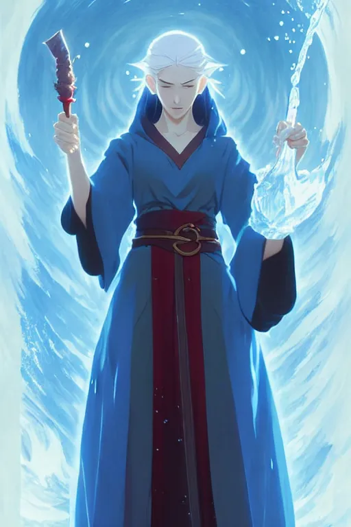 Prompt: elvish female sorcerer doing water magic spells, blue robes, red hair, finely detailed perfect face, exquisite details, mid view, design on a white background, by studio muti, greg rutkowski makoto shinkai takashi takeuchi studio ghibli