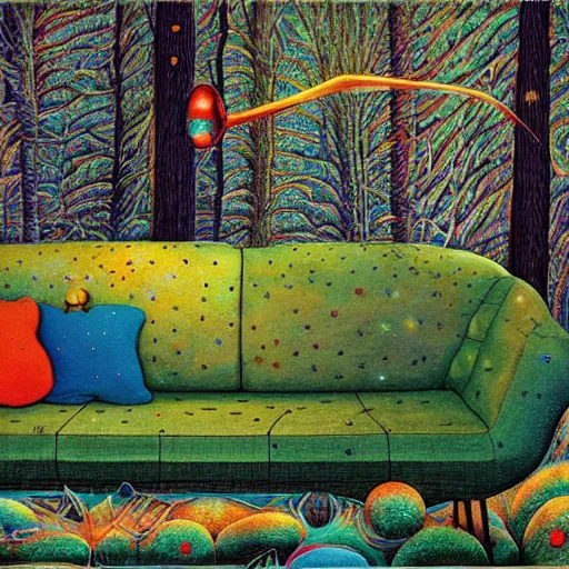 Image similar to psychedelic couch sofa in the pine forest, goose, milky way, designed by moebius, rob gonsalves, gustav dore, giuseppe arcimboldo and carl barks, louis wain, trending on artstation, canada, star, sharp focus, colorful refracted sparkles and lines, soft light, 8 k 4 k