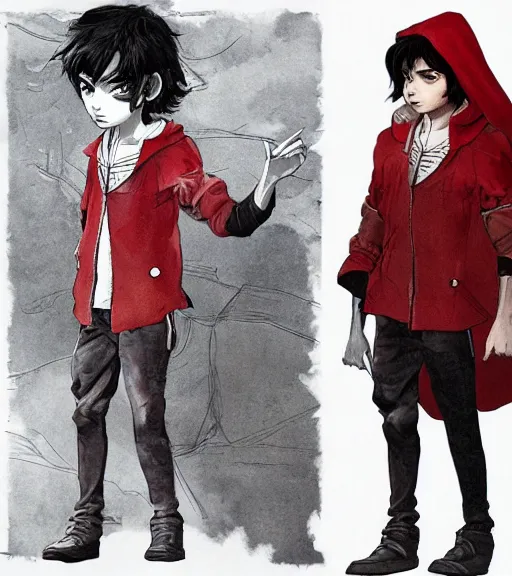 Image similar to attractive little boy character inspired in little red riding hood and michael jackson, digital artwork made by akihiko yoshida and makoto shinkai, anatomically correct, symmetrical, highly detailed, sharp focus, extremely coherent