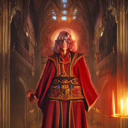Prompt: A stunning portrait of a powerful wizard in deep focus. He wears ornate crimson robes. He casts a spell opening a portal to another world. The setting is a library. Epic fantasy art. Award-winning on Artstation. Sharp. HD. 4K. 8K