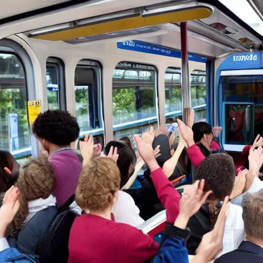 Prompt: public transport showing up on time and everyone applauding it