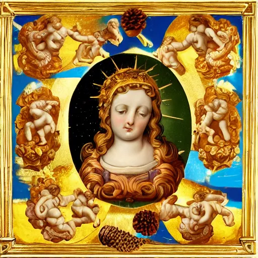 Image similar to Saint Woman, Putti, Venus, Athena, Sistina, baroque, marble and gold, stars, space, sun, pomegranade, pinecone, bronze