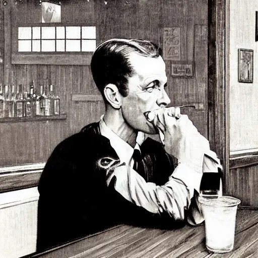 Prompt: a portrait of a man in the 1 9 6 0 s drinking alone in a bar late at night, black and white monochrome, by norman rockwell