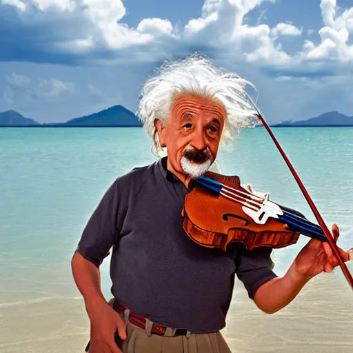 Image similar to albert einstein on tropical beach playing violin tourism photography award winning in the style of andrew rankin