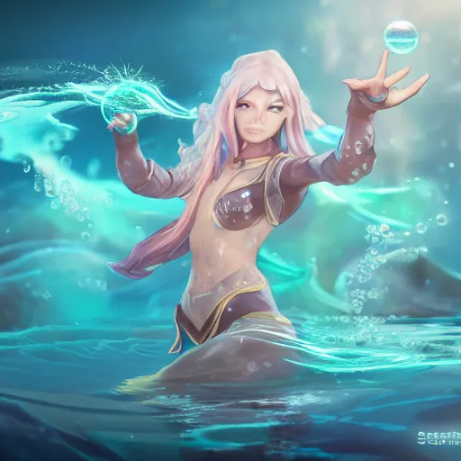 Image similar to female water mage, high quality character design, action pose : : spotlight, magical, seapunk, seaweed, bubbles, high detail, 1 6 k, oled, shadows, reflections, by rossdraws