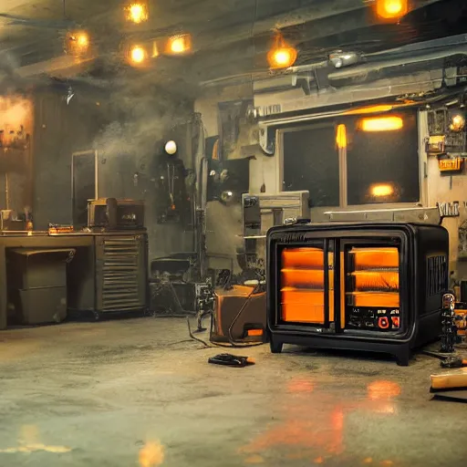 Image similar to toaster oven hangig by metallic cables, symmetry, dark messy smoke - filled cluttered workshop, dark, dramatic lighting, orange tint, sparks, cinematic, highly detailed, sci - fi, futuristic, movie still