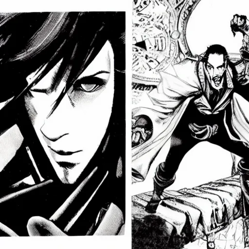 Image similar to pen and ink!!!! attractive 22 year old Dr. Strange Gantz monochrome!!!! Frank Zappa highly detailed manga Vagabond!!!! telepathic floating magic swordsman!!!! glides through a beautiful!!!!!!! battlefield magic the gathering dramatic esoteric!!!!!! pen and ink!!!!! illustrated in high detail!!!!!!!! graphic novel!!!!!!!!! by Hiroya Oku!!!!!!!!! and Frank Miller!!!!!!!!! MTG!!! award winning!!!! full closeup portrait!!!!! action manga panel