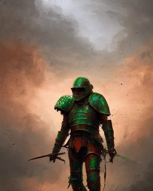 Image similar to Hyper realistic painting of a knight in a rusted full plate armor, green and orange rust, hyper detailed, thunderstorm, midnight, volumetric lighting, creepy atmosphere, by greg rutkowski