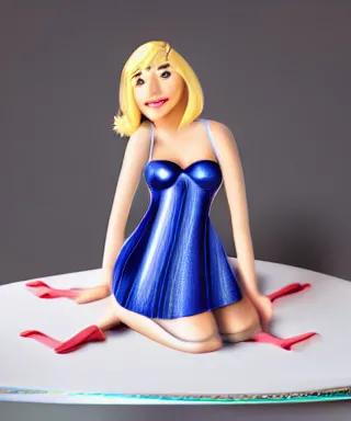 Image similar to blonde women in blue tight short dress sitting on big cake, photorealistic image