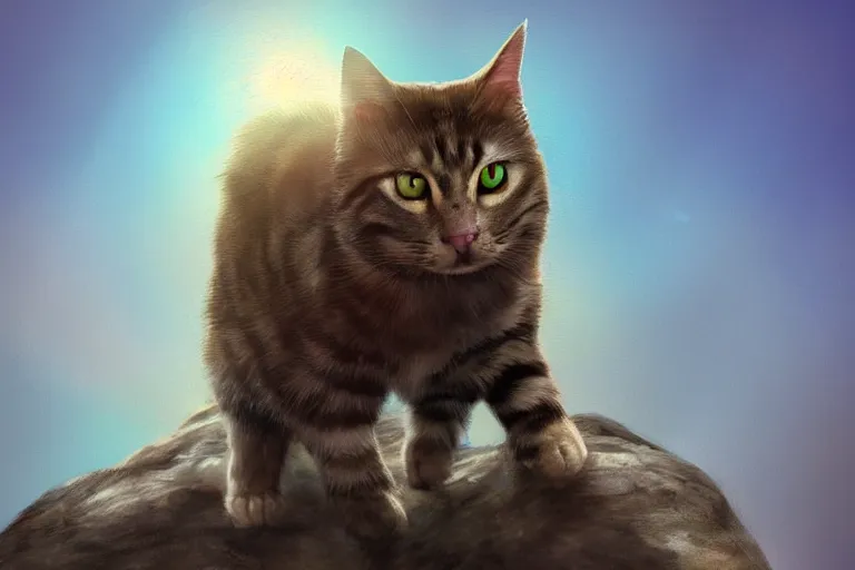 Image similar to cat standing on a rock, backlighting, digital art, trending on artstation, fanart, by wayne mclouglin