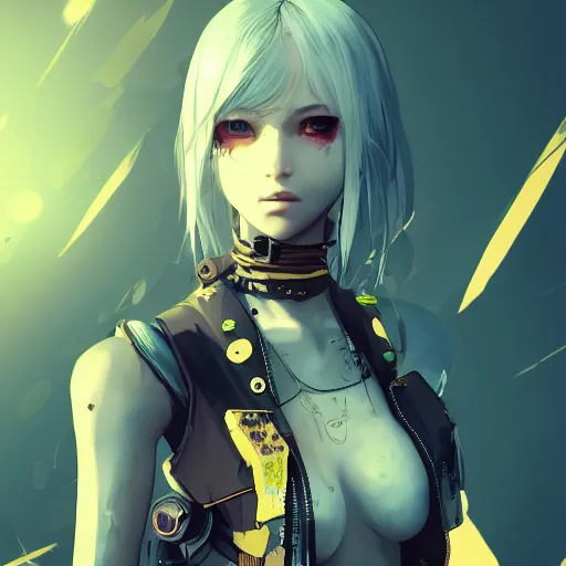 Image similar to highly detailed portrait of a post-cyberpunk young lady by Akihiko Yoshida, Greg Tocchini, 4k resolution, Nier inspired, yellow, black, brown and cyan color scheme