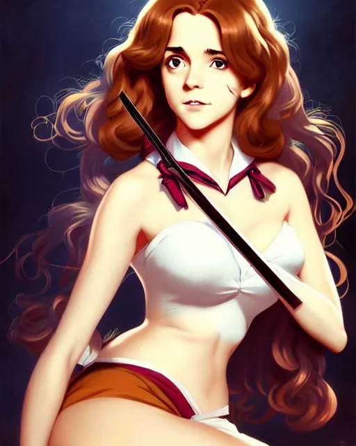 Prompt: pinup anime art of hermione granger by emma watson in the hogwarts pub, seductive hermione by a - 1 pictures, by greg rutkowski, gil elvgren, artgerm, enoch bolles, glossy skin, pearlescent, anime, very coherent, flat, ecchi anime style