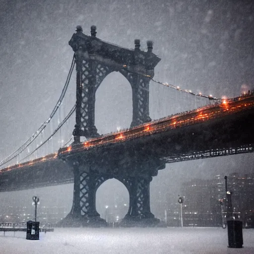 Prompt: photo of the manhattan bridge during a snow storm, aesthetically pleasing, color grading, grainy