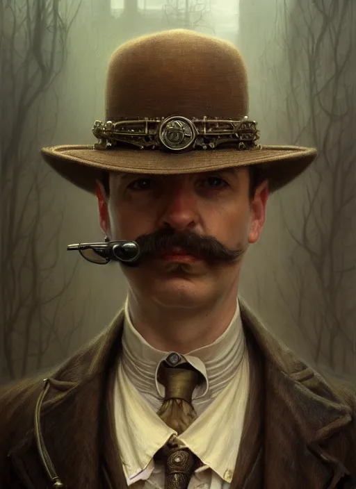 Image similar to closeup portrait shot of a victorian detective in a scenic dystopian environment, intricate, elegant, highly detailed, centered, digital painting, artstation, concept art, smooth, sharp focus, illustration, artgerm, tomasz alen kopera, peter mohrbacher, donato giancola, joseph christian leyendecker, wlop, boris vallejo