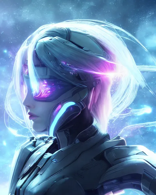 Prompt: photo of a android girl on a mothership, warframe armor, beautiful face, scifi, nebula reflections, futuristic background, dreamy, focused, sparks of light, long white hair, blue cyborg eyes, glowing, 8 k high definition, insanely detailed, intricate, innocent, art by akihiko yoshida, antilous chao, li zixin, woo kim