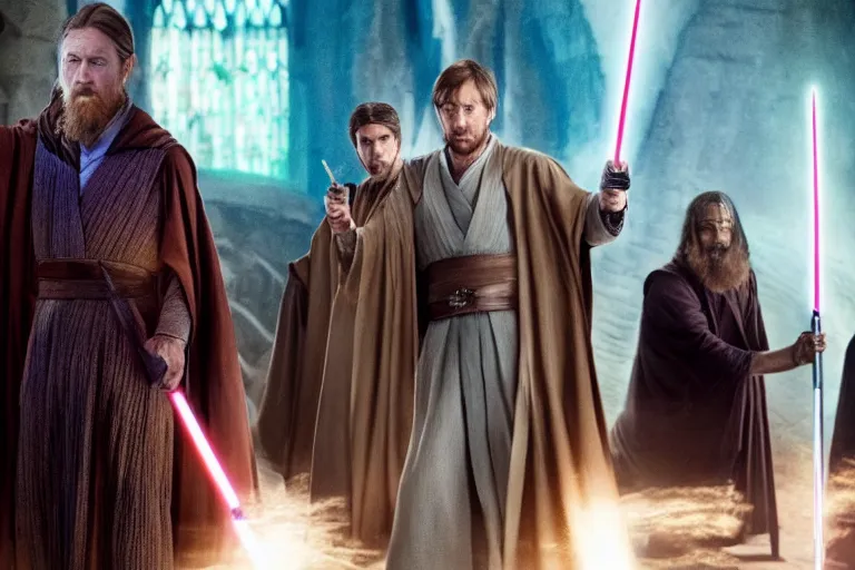 Prompt: film still, kenobi in a wizarding pointy hat waves a wand in the new harry potter movie,