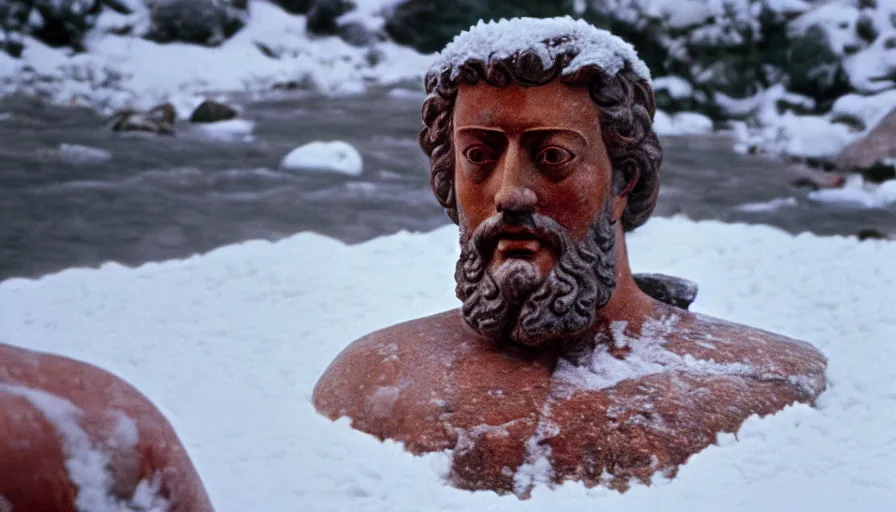 Image similar to 1 9 6 0 s movie still close up of marcus aurelius in toga frozen to death under the snow on a river's shore with gravel, pine forests, cinestill 8 0 0 t 3 5 mm, high quality, heavy grain, high detail, texture, dramatic light, anamorphic, hyperrealistic, detailed hair, foggy