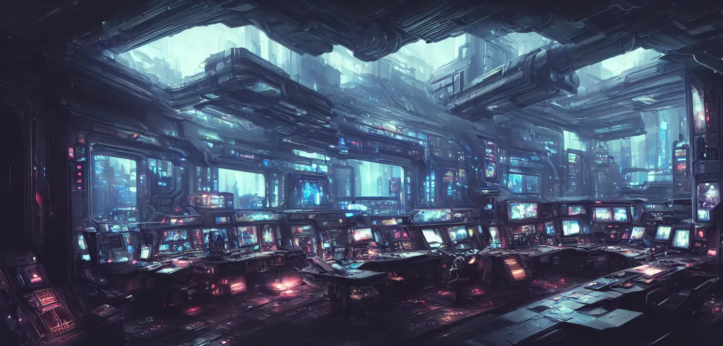 Image similar to a hyper detailed octane render concept art by xision wu, kerem beyit, sandara tang portrait of cyberpunk panel control spaceship room, dim lighting, detailed portraits, unreal engine 5, highly rendered, digital painting, hyper realistic, photo realistic, artstation, concept art, smooth, sharp focus perfect horizontal, symmetry illustration, detailed and intricate environment artstation hq