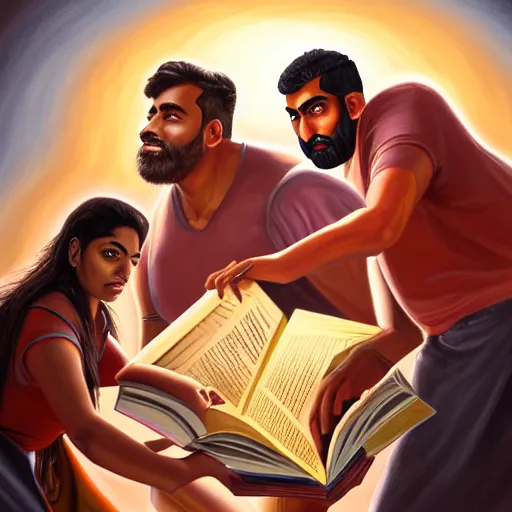 Image similar to a painting of three brown men and a brown woman emerging out of a giant open book, hyperrealistic faces, detailed digital art, aesthetic!, trending on artstation