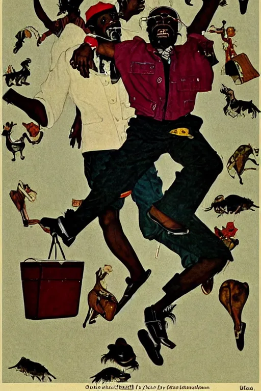 Image similar to Outkast, illustrated in whimsical style, Illustration by Norman Rockwell,