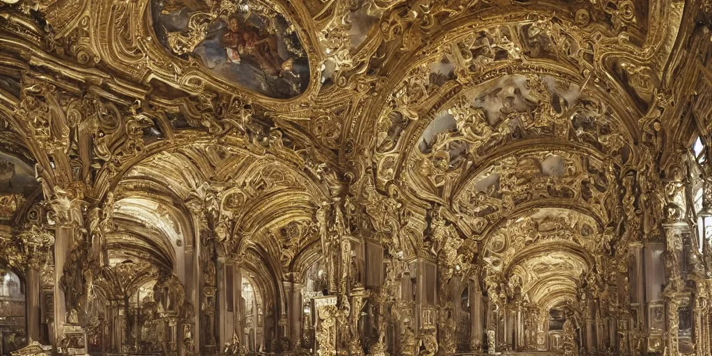 Image similar to beautiful!! ornate heavenly!! marble and gold rococo megastructure in the style of heironymus bosch, asymmetrical extremely intricate masterpiece, hyper detailed, hd