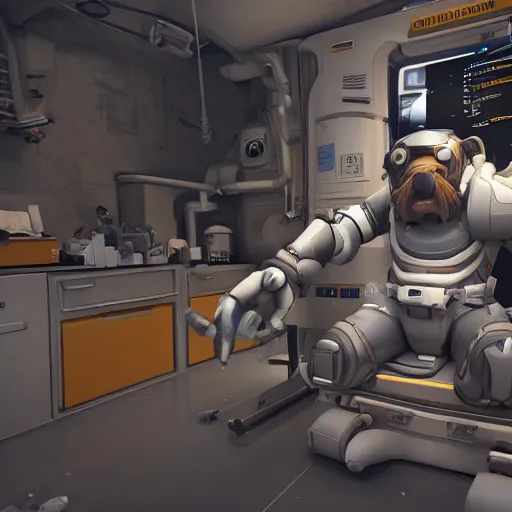 Image similar to winston from overwatch sitting in his lab on the moon, unreal engine 5 4 k