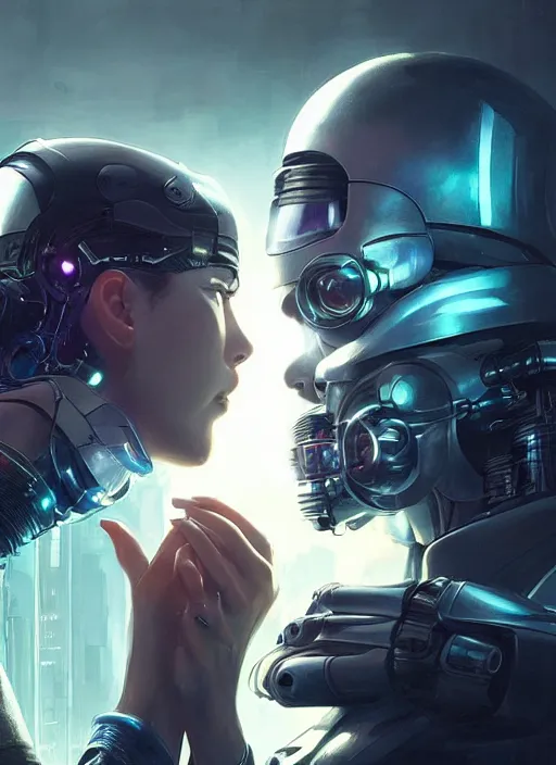 Image similar to cyberpunk, sci - fi, fantasy, ultra realistic close - up of a couple of cyborgs kissing, lovers, faces, led, unreal engine, octane render, soft light, night, highly detailed, digital painting, concept art, sharp focus, illustration, art by artgerm and greg rutkowski and alphonse mucha