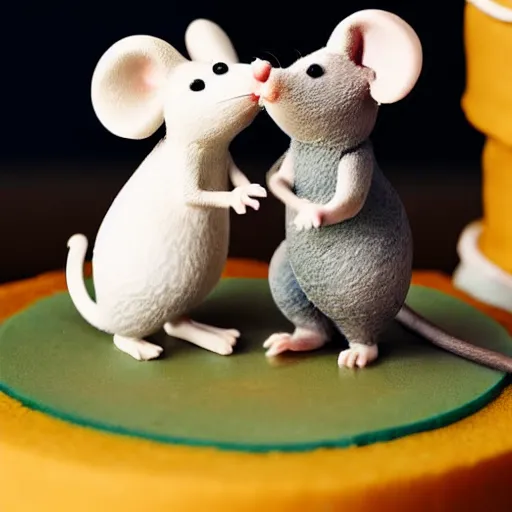 Image similar to 2 mice dancing on top of a 4 layered wedding cake, award winning, national geographic, macro shot