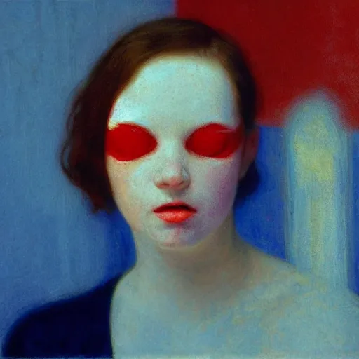 Image similar to close - up of an ivory young gir in a blue and red haunted liminal abandoned room, film still by edward hopper, by gottfried helnwein, by klimt, art noveau, highly detailed, strong lights, liminal, eerie, bright pastel colors,