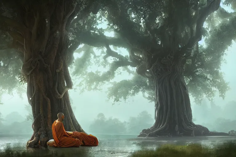 Prompt: a big banyan tree, a monk meditating, sun rising, water on ground, hyperdetailed artstation cgsociety by greg rutkowski