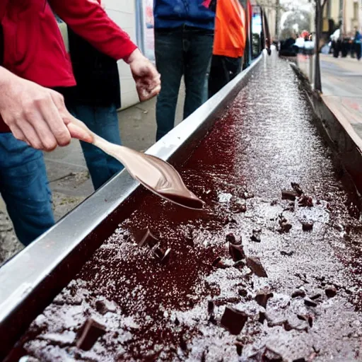 Image similar to people on street get sink on chocolate liquid rain, flooded with chocolate