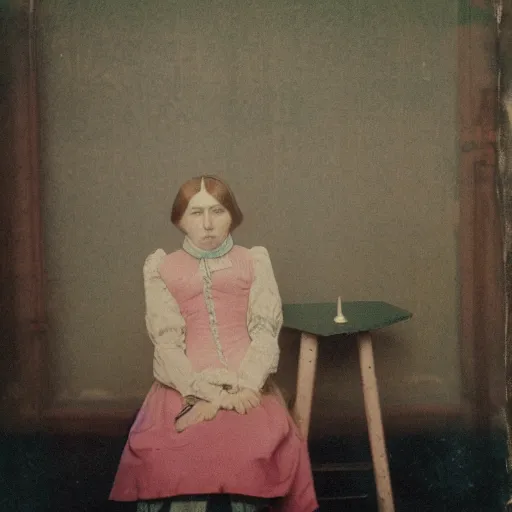 Prompt: a lonely girl in an empty room, colored daguerreotype, by Mackintosh, bright pastel colors,