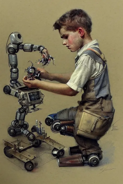 Image similar to (((((1950s a boy working on his robot . muted colors.))))) by Jean-Baptiste Monge !!!!!!!!!!!!!!!!!!!!!!!!!!!