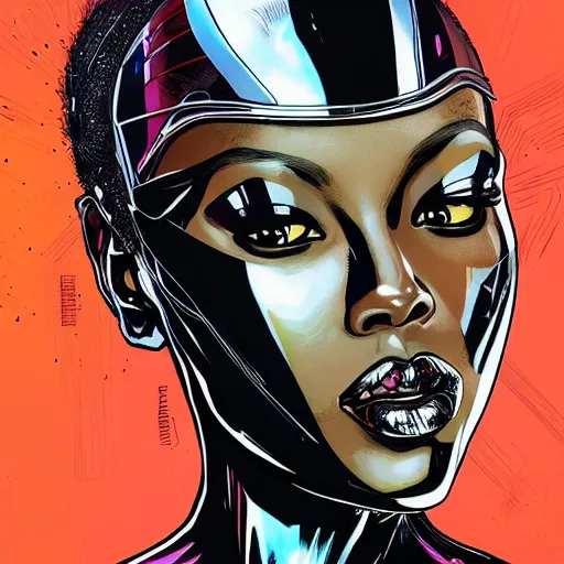 Image similar to portrait of a black female android, by MARVEL comics and Sandra Chevrier