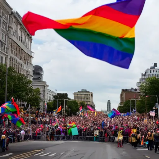 Prompt: donald trump waving a rainbow flag at a pride parade