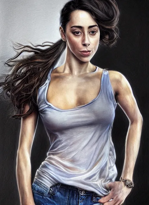 Image similar to full length photo of Oona Chaplin in a tanktop in the style of stefan kostic, realistic, sharp focus, 8k high definition, insanely detailed, intricate, elegant, art by stanley lau and artgerm