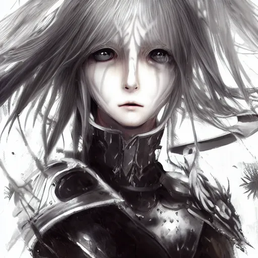 Prompt: Blurred and dreamy illustration of an anime girl with a pirate eye patch, wavy white hair and cracks on her face wearing elden ring armour with the cape fluttering in the wind, Yoshitaka Amano, abstract black and white patterns on the background, noisy film grain effect, highly detailed, Renaissance oil painting, weird portrait angle