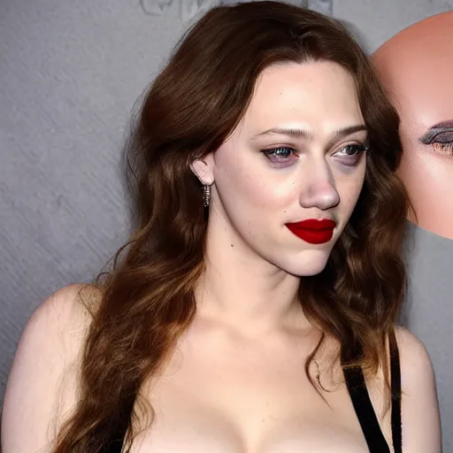 Image similar to a woman who is a genetic combination of kat dennings and scarlett johansson face and upper - body focus