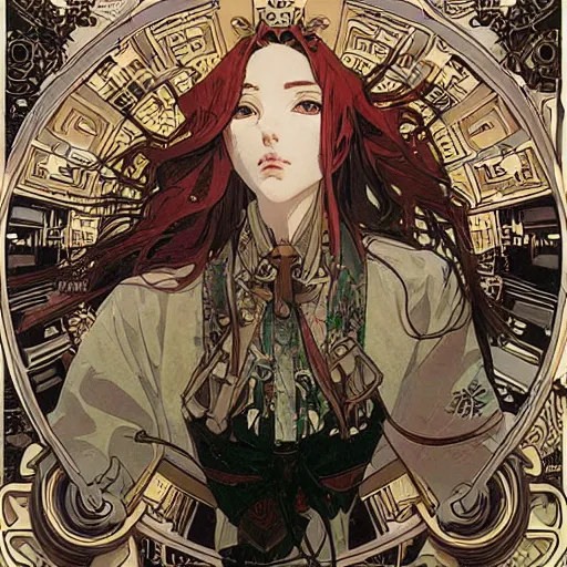 Image similar to alphonse mucha yoji shinkawa moebius jean girard shintaro kago junji ito esoteric hypnogogic ethereal ethereality dreamy combat mech dieselpunk incredible intricate machinery illusionary art and trash polka