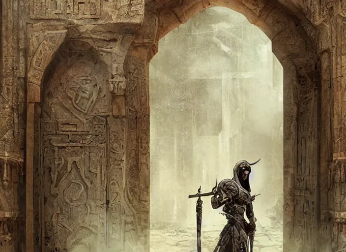 Image similar to surrealism grunge of an arab warrior infront of a dimentional gate . intricate artwork. Eerie ancient alien symbols carved into the walls, digital art,realistic,detailed,art by greg rutkowski