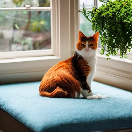 Image similar to old calico cat laying in the sun on thin blue cushion in bay window next to potted plants, professional photography