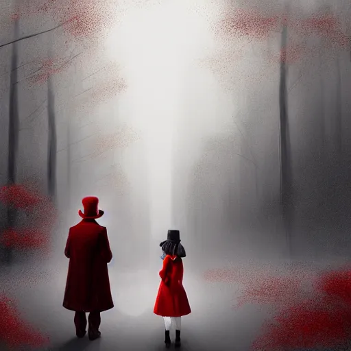 Image similar to a highly detailed epic cinematic concept art, a thin man in a black coat and bowler hat talks with small young girl who is dressed in a red coat and a red hat, park, autumn, high detail, in style of Greg Rutkowski, width 768