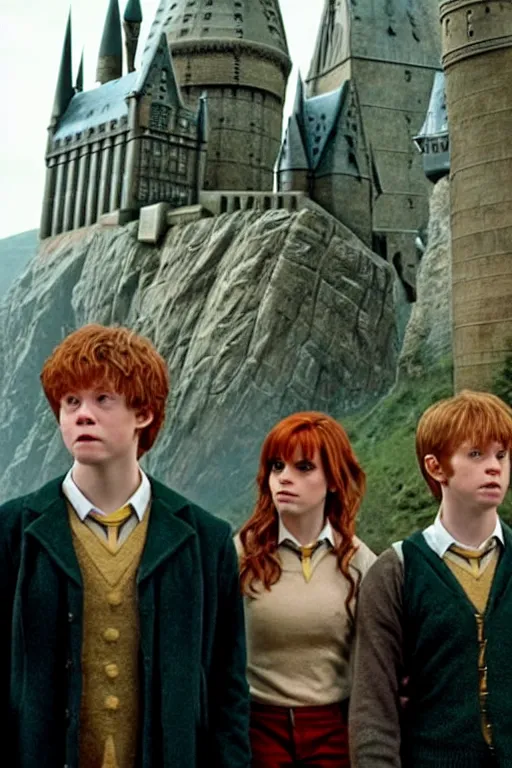 Image similar to Harry, Ron and Hermione looking down at Hogwarts after a long battle, epic, golden hour