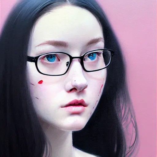 Image similar to Facial portrait of a pretty cute nerdy girl, looking at the camera, slight awkward smile, lips slightly parted, no hands visible, extremely detailed painting by Greg Rutkowski and by Henry Justice Ford and by Harumi Hironaka