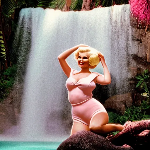 Image similar to a very beautiful sundance award winning image of jayne mansfield blowing a kiss under a tropical waterfall, full body, pale pink bikini, pink lipstick, detailed face, cinematic lightning, golden hour, medium shot, alexa mini, cryengine, raytracing, 4 k, cinematic wallpaper by gil elvgren, robert maguire, rudolf belarski