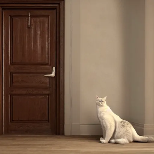 Prompt: An old lady opens a door to a room containing a giant cat, realistic 3d render, physically based rendering, volumetric rendering