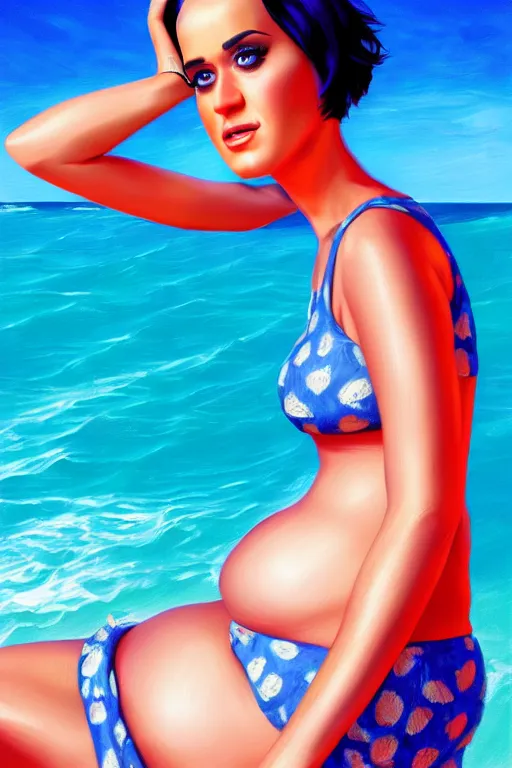 Prompt: pregnant katy perry at the beach, realistic portrait, symmetrical, highly detailed, digital painting, artstation, concept art, smooth, sharp focus, illustration, cinematic lighting, 8 k movie screenshot hdr