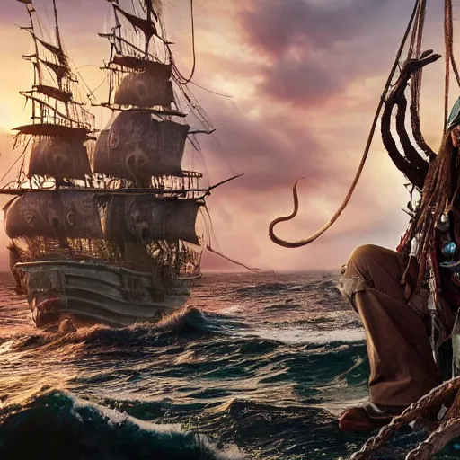 Image similar to a hyperrealistic illustration of Captain Jack Sparrow as Davy Jones, Davy Jones with Tentacles, Face hybrid of Davy Jones and Jack Sparrow, Pirates of the Caribbean Ship with fractal sunlight in the Background
