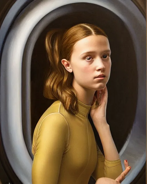 Image similar to a window - lit realistic portrait painting of a thoughtful girl resembling a young, shy, redheaded alicia vikander or millie bobby brown wearing a futuristic skintight spacesuit by a lit round space station porthole, highly detailed, intricate, by vermeer, and donato giancola