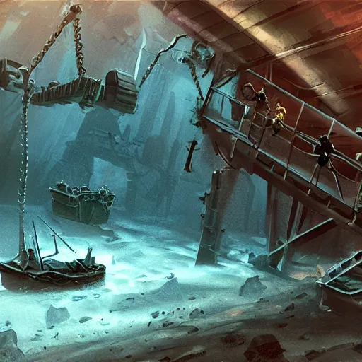 Image similar to underwater mining station, dark, sinister, brush strokes, heavy paint, gradients, highly detailed, cinematic matte painting, concept art, smooth, sharp focus